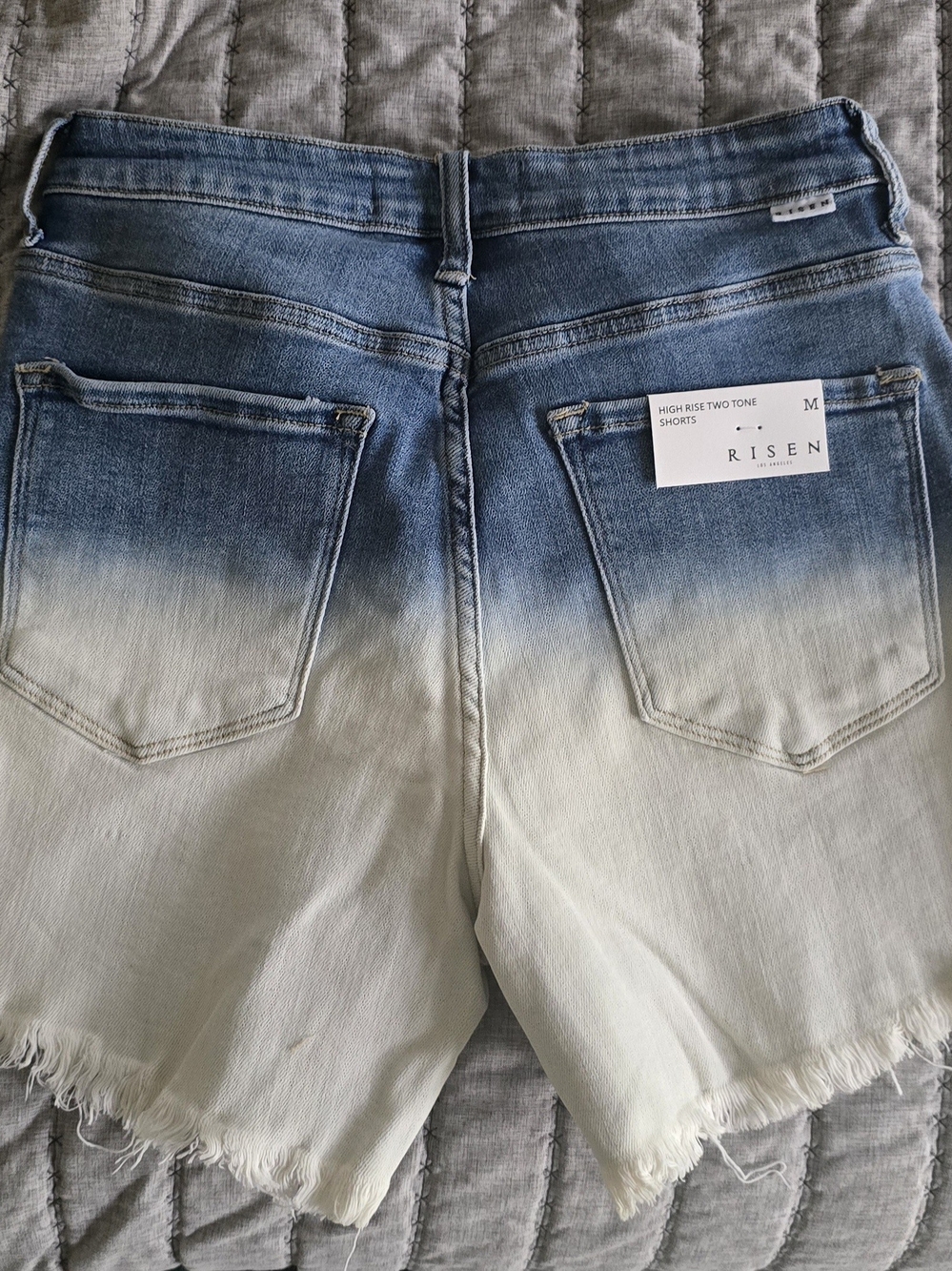 Risen High-Rise Ombre Blue to White Frayed Denim Jean Shorts - Picture 2 of 6